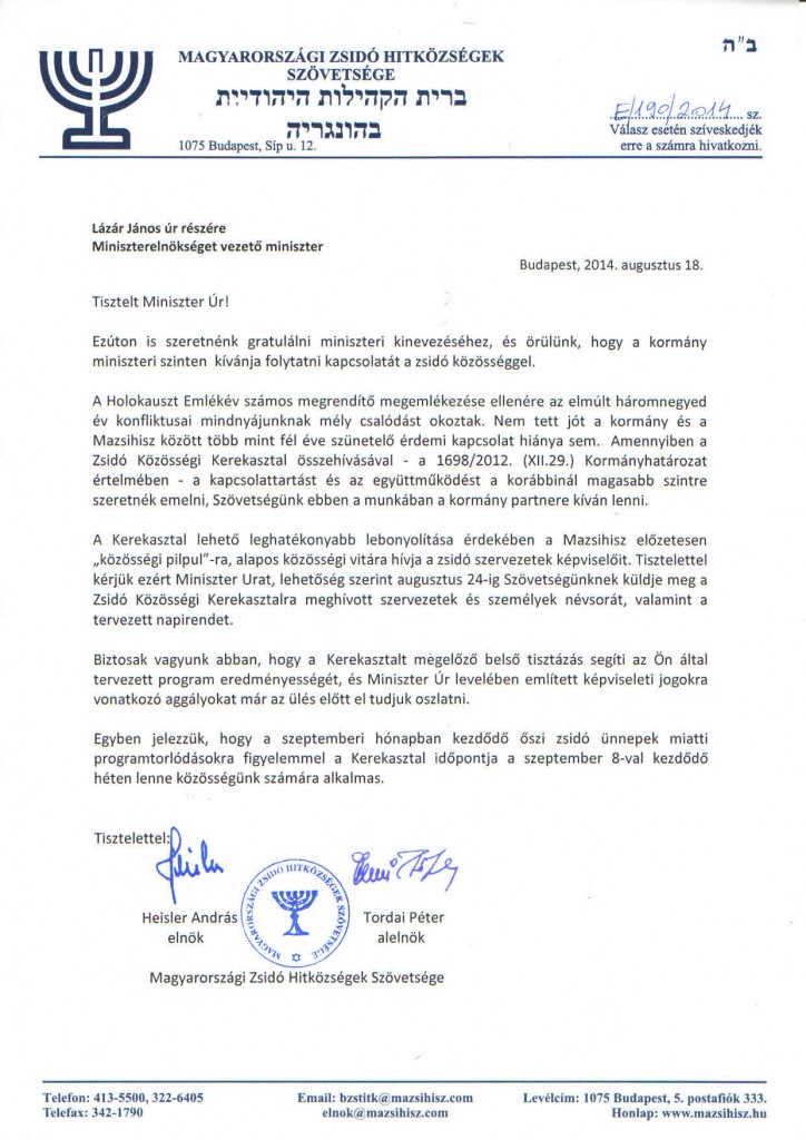 Levél Lázár János miniszter úr részére 2014.08.18
