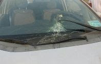 Smashed windshield after stoning attack by Arab terrorists near Jewish community of Tenaim.