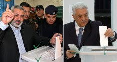 One man, one vote, one time? Hamas leader Ismail Haniyeh (left) and Fatah leader Mahmoud Abbas (also president of the Palestinian Authority) are pictured voting in the last election for the Palestinian Legislative Council, which took place in 2006.