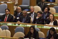 The Israeli delegation listens to Israeli Prime Minister Benjamin Netanyahu (not seen) as he speaks to the 71st General Assembly at the UN in New York City on September 22, 2016.