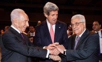 Three enemies of Jewish life in Jerusalem, Judea and Samaria shook hands in Jordan on Sunday: From right to left: Palestinian President Mahmoud Abbas, U.S. Secretary of State John Kerry and Israel's President Shimon Peres. May 26, 2013.