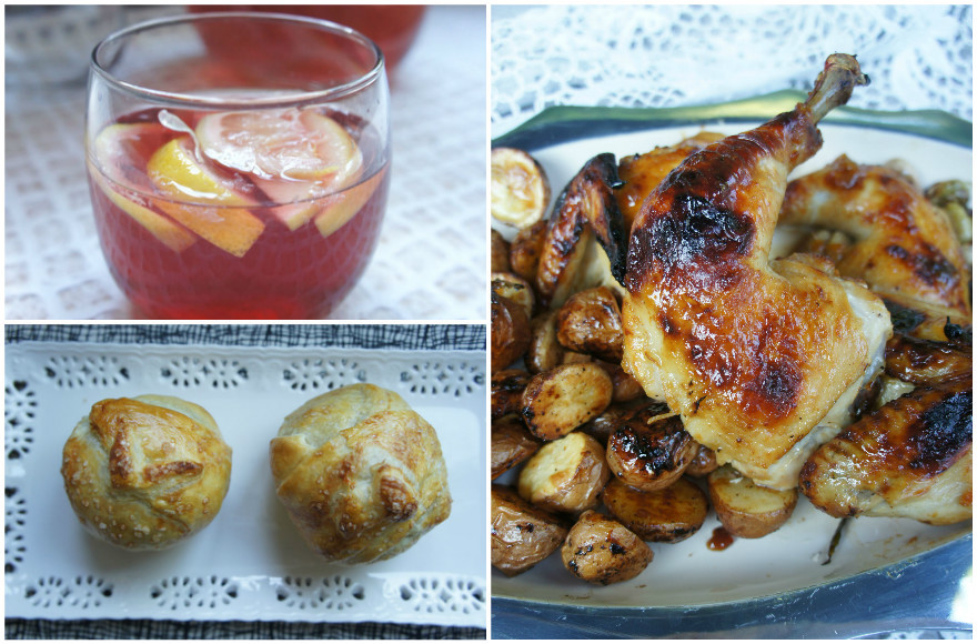 Clockwise from top left: Apple pomegranate sangria, Sheet pan apricot dijon chicken and puff pastry baked apples. (Shannon Sarna)